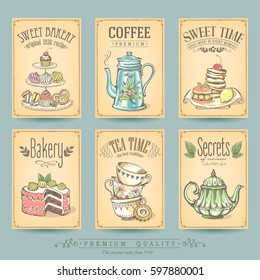 Card collection pastries and tea. Vintage posters of bakery sweet shop or coffee house. Freehand drawing, sketch