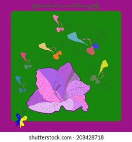Card with  colored  abstract gladioli on a dark green rounded rectangle, green  text, butterfly on a frame.Handmade.