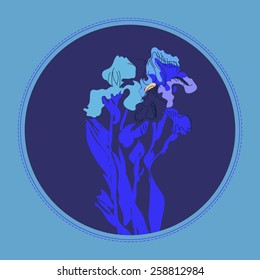 Card with colored branch of irises on a circle. Hand drawn. Sketch from life.