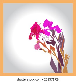 Card of colored branch of irises. Sketch from life. Hand drawn.