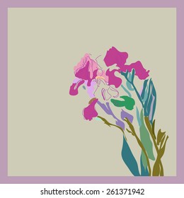 Card of colored branch of irises. Sketch from life. Hand drawn.