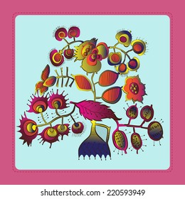 Card with colored  branch in a vase on an azure  rounded rectangle. Handmade.