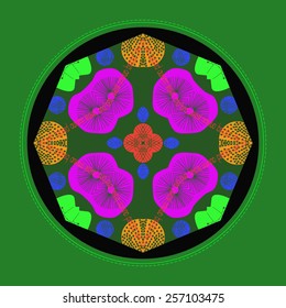 Card with colored circular floral motif on a  black  circle. Handmade.