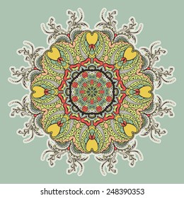 Card with colored circular floral ornament. Round Pattern Mandala. Circular pattern with flowers. Floral round pattern for the greeting card or invitation, template frame design for card.