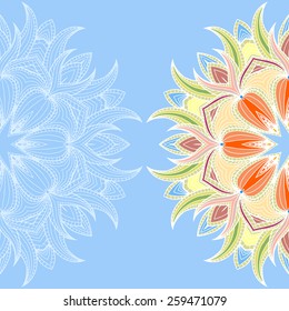 Card with colored circular floral ornament. Round Pattern Mandala. Floral round pattern for the greeting card or invitation, template frame design for card, vector illustration 