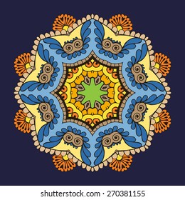 Card with colored circular floral ornament. Circular pattern with flowers can be used for the greeting card or invitation, template frame design for card, vector illustration