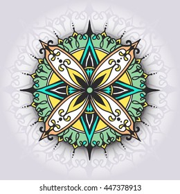 Card with colored circular floral ornament. Round pattern mandala for the greeting cards,  invitation, template frame design for business style, cards or else. Vector illustration