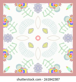 Card with colored circular  floral pattern, branches. Hand drawn.