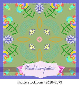 Card with colored circular  floral pattern, branches, label. Hand drawn.