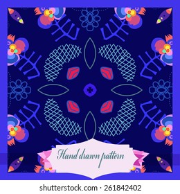 Card with colored circular  floral pattern, branches. Hand drawn.