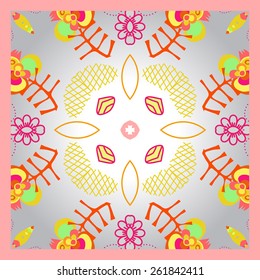 Card with colored circular  floral pattern, branches. Hand drawn.