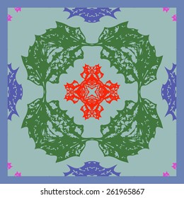 Card with colored circular floral pattern , star, cross. Hand drawn.