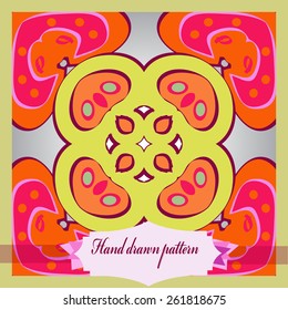 Card with colored circular pattern, ellipses, label. Hand drawn.
