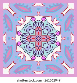 Card with colored circular pattern of floral motif. Hand drawn.