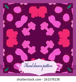 Card of colored circular pattern of floral motif, leaves, flowers, doodles, label. Hand drawn.
