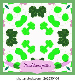 Card of colored circular pattern of floral motif, leaves, flowers, doodles, label. Hand drawn.