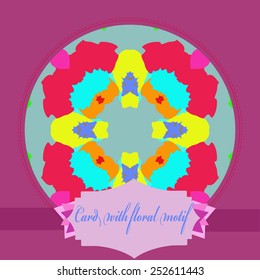 Card with colored circular pattern, label on a pale blue background. Hand drawn.