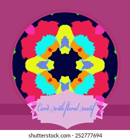 Card with colored circular pattern, label on a dark blue  background. Hand drawn.