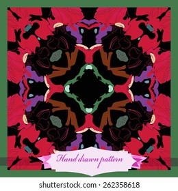 Card with colored circular pattern on a rectangle, label. Hand drawn.