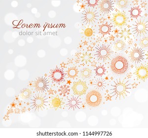 Card with colored doodle sun and other stars on white glowing background.
