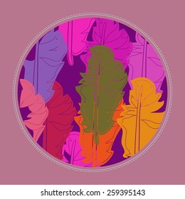 Card of colored feathers pattern on a circle. Hand drawn.