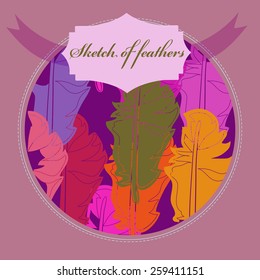 Card of colored feathers pattern on a circle, label. Hand drawn.