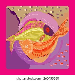 Card with colored fish on a rounded rectangle.Hand drawn.