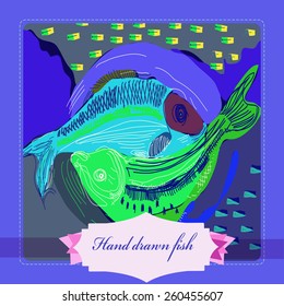 Card with colored fish on a rounded rectangle, label. Hand drawn.