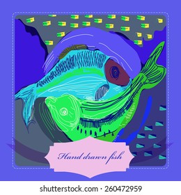 Card with colored fish on a rounded rectangle, label. Hand drawn.