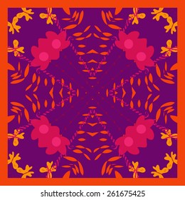 Card with colored floral  circular motif, butterflies, branches, leaves. Hand drawn.