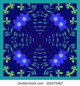 Card with colored floral  circular motif, butterflies, branches, leaves. Hand drawn.