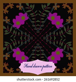 Card with colored floral  circular motif, butterflies, branches, leaves, label. Hand drawn.