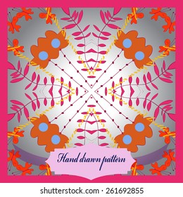 Card with colored floral  circular motif, butterflies, branches, leaves, label. Hand drawn.