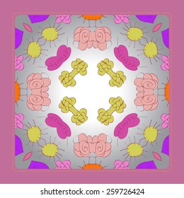 Card with colored floral circular pattern on a rounded rectangle. Hand drawn.