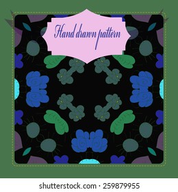 Card with colored floral circular pattern on a rounded rectangle, label. Hand drawn.
