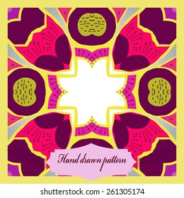 Card of colored floral circular pattern, ornament, stamens, doodles, label. Hand drawn.