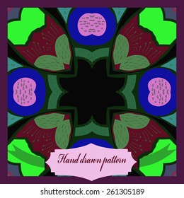 Card of colored floral circular pattern, ornament, stamens, doodles, label. Hand drawn.