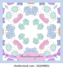 Card with colored floral circular pattern, label. Hand drawn.