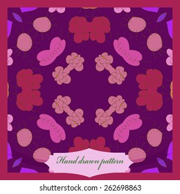 Card with colored floral circular pattern, label. Hand drawn.