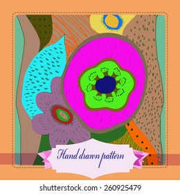 Card of colored floral motif, ellipse, leaf, flowers, label. Hand drawn.