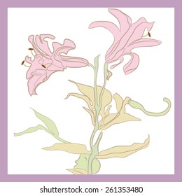 Card with colored floral motif, lily branch, leaves, flowers. Hand drawn.