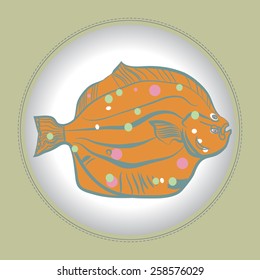 Card with colored flounder on a circle. Hand drawn. Sketch from life.