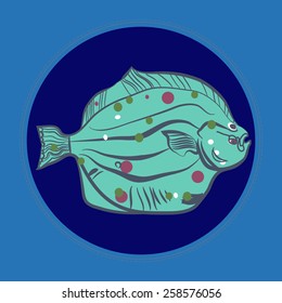 Card with colored flounder on a circle. Hand drawn. Sketch from life.
