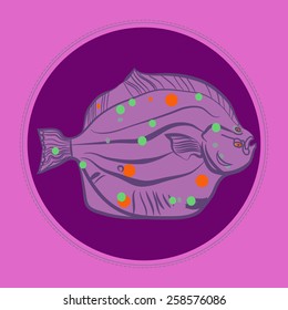 Card with colored flounder on a circle. Hand drawn. Sketch from life.