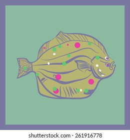 Card with colored flounder on a rectangle. Hand drawn. Sketch from life.
