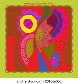 Card with colored flowers on a rounded rectangle and text on an yellow frame.