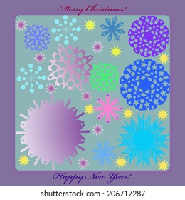 Card with colored snowflakes, text, stars on an azure rounded rectangle and text on a purple frame. 