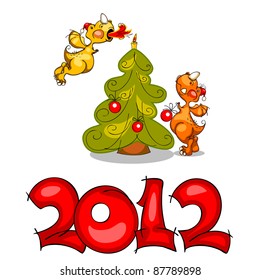 card of colored stylized dragons with Christmas tree, gifts and Santa Claus hat, light a candle, with the number 2012