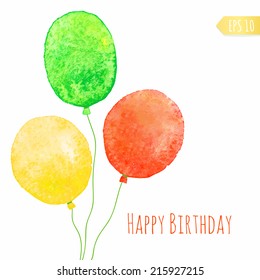 Card with colored watercolor paint balloons. Vector isolated illustration.