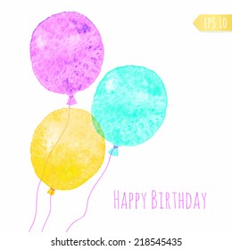 Card with colored watercolor paint balloons. Vector isolated illustration.